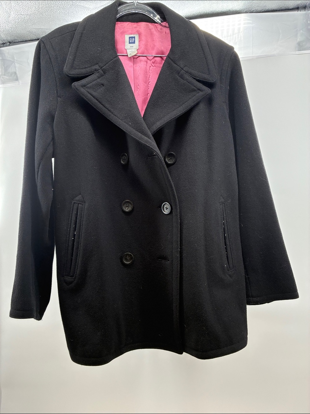 GAP Black Double-Breasted Peacoat with Pink Lining